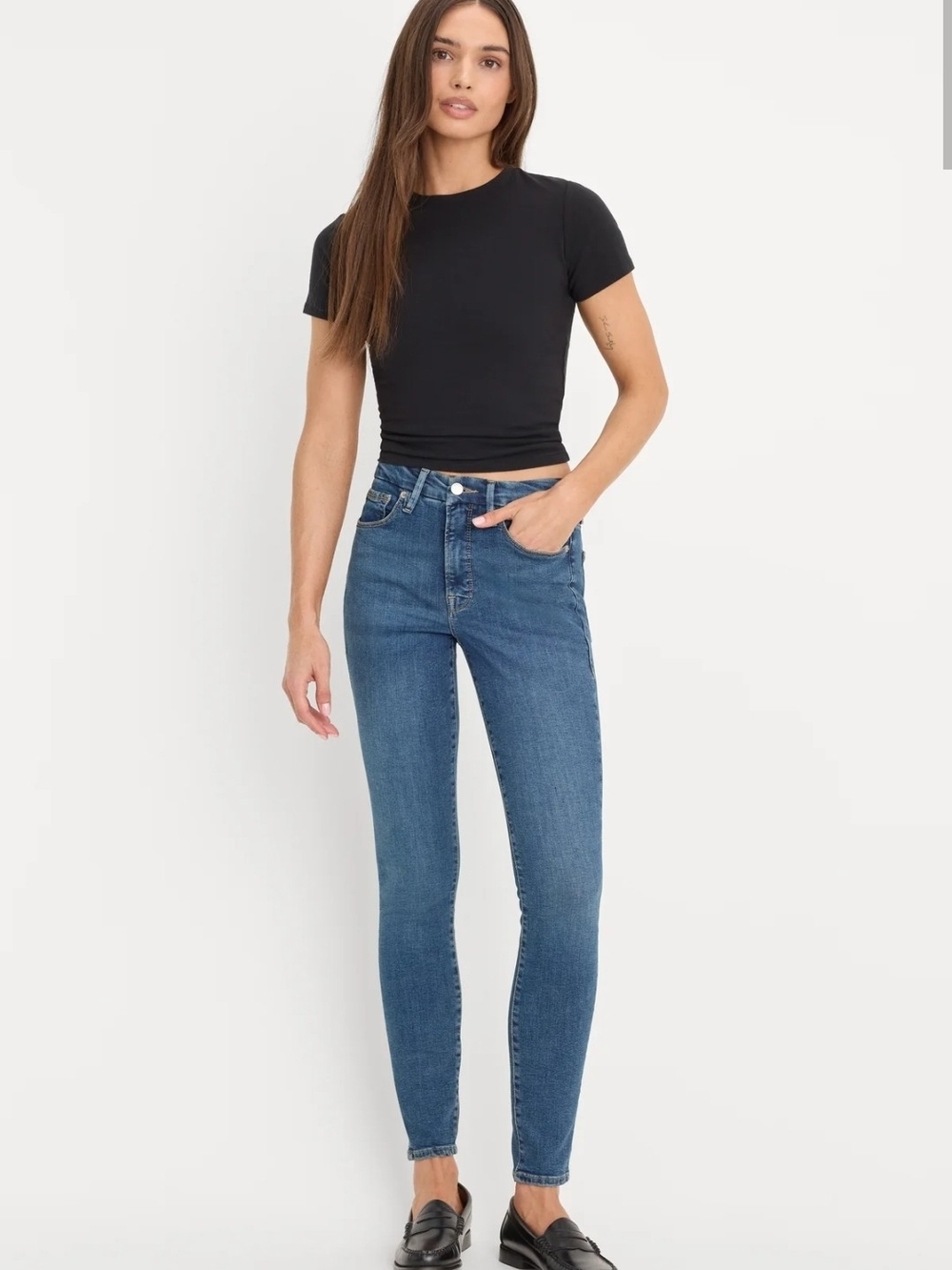 Good American Good Legs Skinny Medium Wash Mid Rise Raw Hem Womens 4/27
